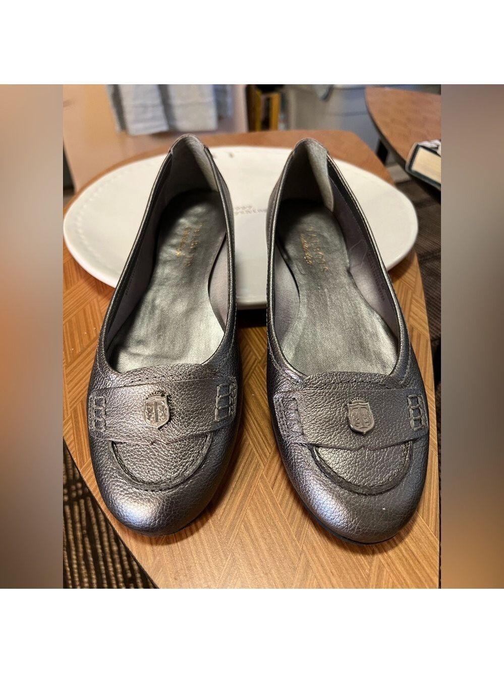 Talbots Dark Pewter Slip-Ons with cute crest